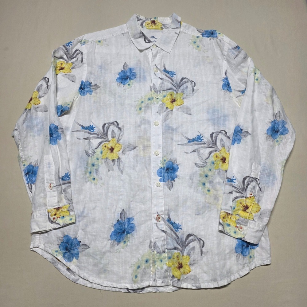 Tommy Bahama Relax Mens Large White Linen Blend Floral Hibiscus Button Up Shirt